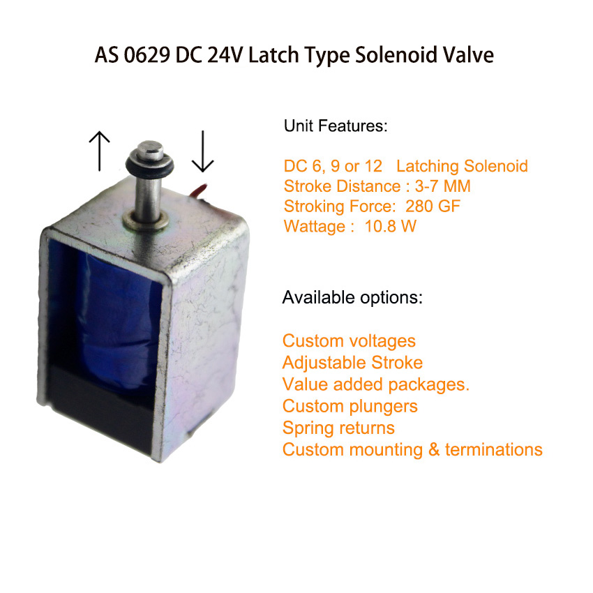 The AS0629 compact DC 24V latching solenoid valve shown beside a ruler for scale, highlighting its small, space-saving design suitable for integration into tight equipment layouts.